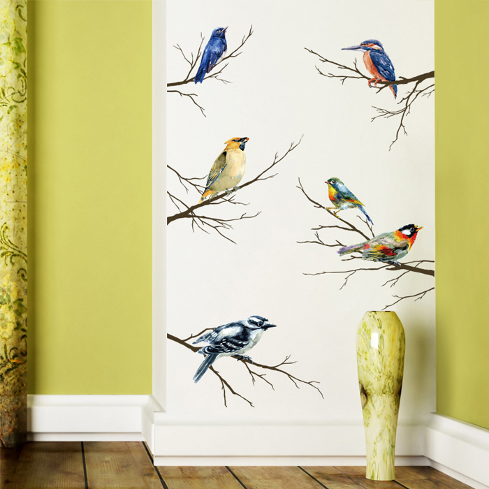 个性卧室橱柜装饰彩色树枝小鸟自粘墙贴贴纸文艺客厅书房墙纸贴画