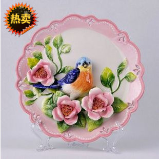 一套包邮 陶瓷花与鸟3D浮雕装饰挂盘（共3款颜色）工艺摆设礼品