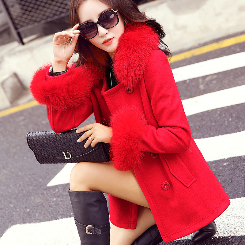 毛呢外套女2015冬季韩版中长款呢子大衣保暖毛领毛袖修身显瘦纯色