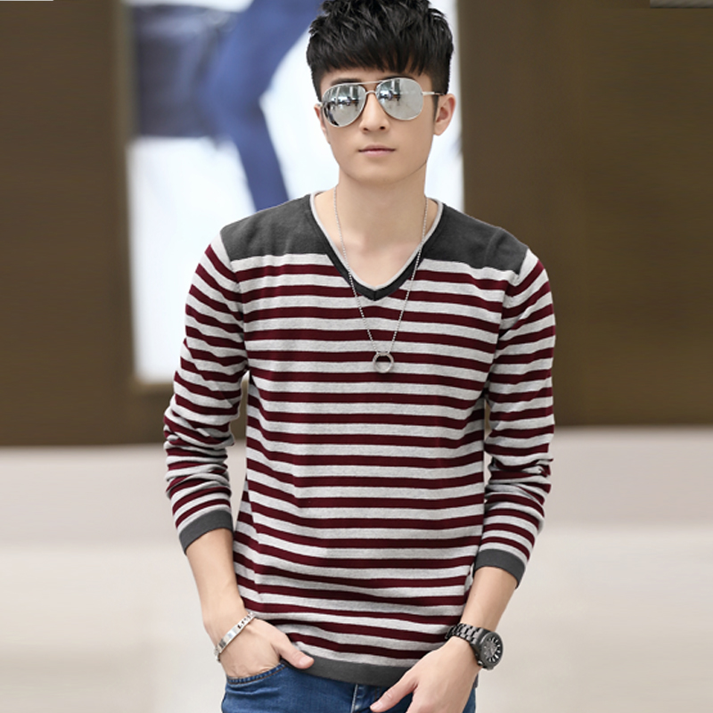 韩版男装毛衣2015冬季新款男士纯棉针织衫条纹打底衫薄款套头毛衣