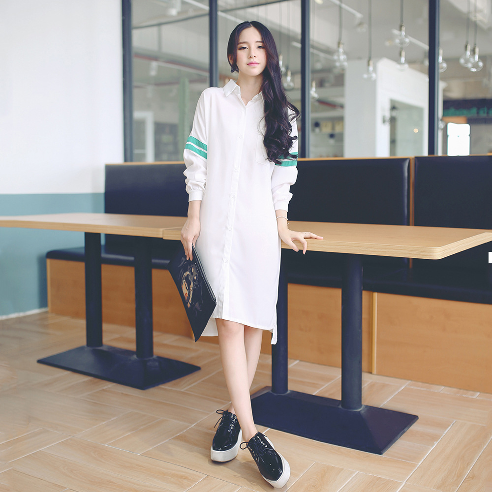 韩国东大门女装秋季新款运动风长袖单排扣翻领衬衫连衣裙包邮
