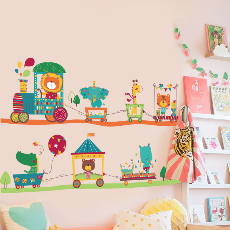 可爱儿童房卧室墙壁自粘卡通动物火车墙贴纸幼儿园背景装饰墙贴画