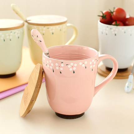 陶瓷水杯 浪漫碎花马克杯 带盖带勺牛奶杯 可爱创意情侣咖啡杯子