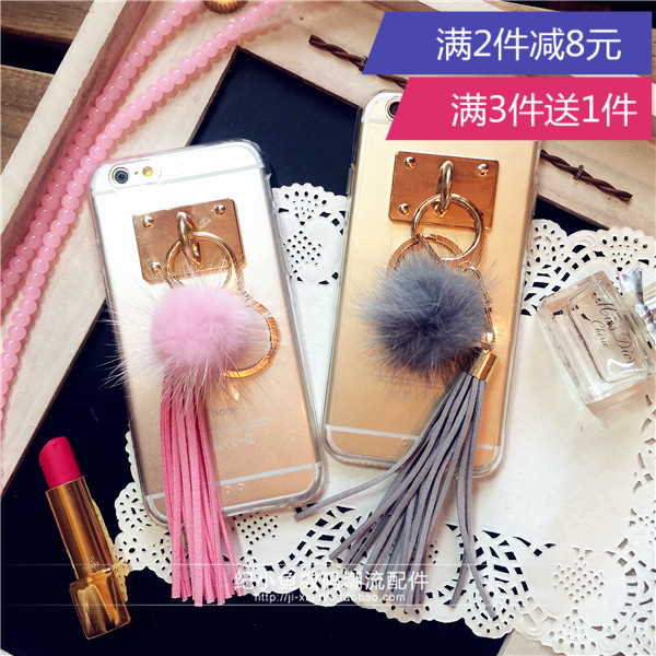 韩国新品貂绒毛球流苏6s手机壳简约苹果毛绒球球iPhone6保护壳