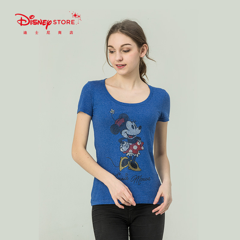 Disney/迪士尼时尚 2017新款米妮气质简约夏季蓝色短袖针织T恤 女