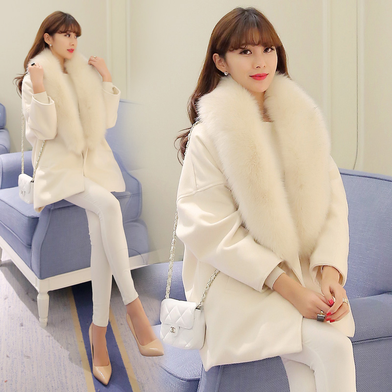 毛呢外套女2015冬装韩版新款加厚中长款羊毛呢子大衣大毛领外套潮