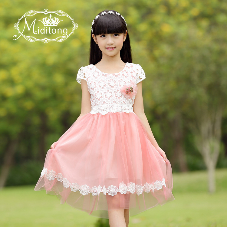 米迪童2015夏季新款圆领短袖女童连衣裙韩版儿童花朵蕾丝裙子童裙