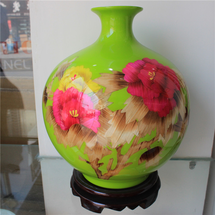 景德镇陶瓷器落地花瓶客厅摆件中国红牡丹麦秆工艺家饰结婚礼物