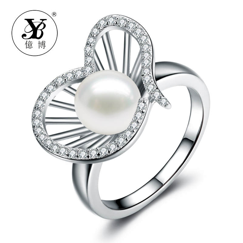 亿博韩版S925女戒指银镶钻天然淡水珍珠时尚气质戒指情人节礼物