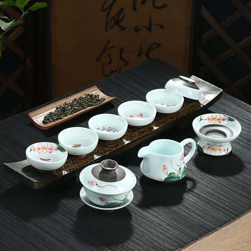正品 龙泉青花瓷手绘陶瓷整套茶具功夫茶具套装盖碗茶杯特价包邮