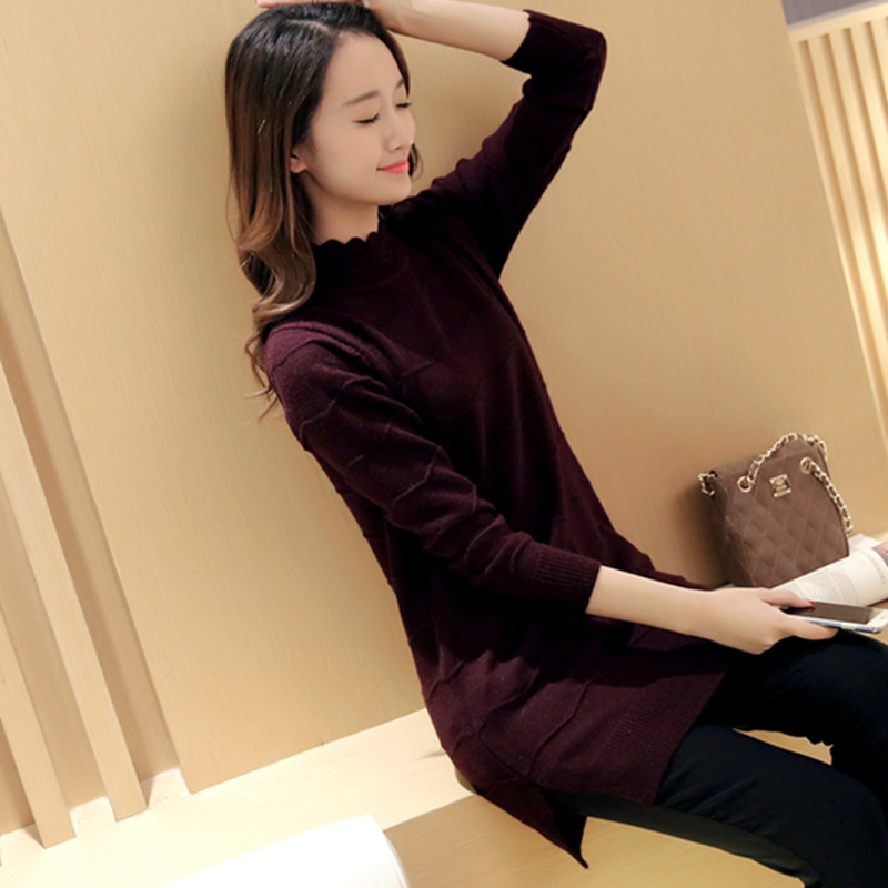 冬季新款女装韩版针织衫波浪条纹中长版宽松加厚套头毛衣裙打底衫