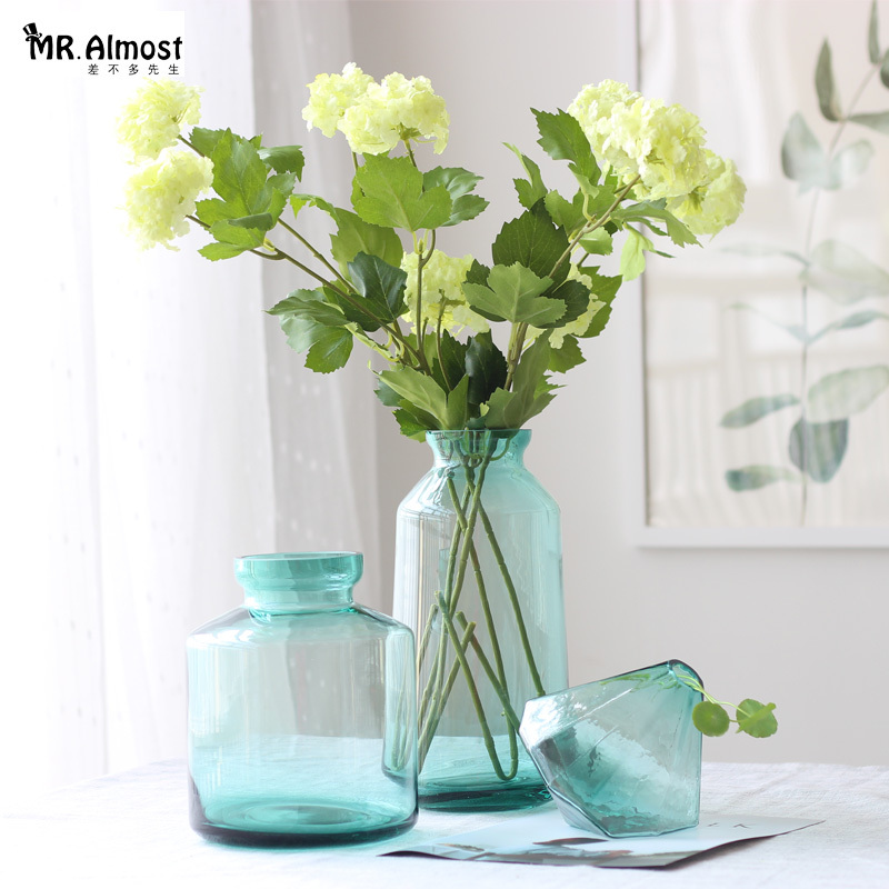 差不多先生 花瓶 玻璃 透明 蓝色花瓶 小清新客厅桌面鲜花插花瓶