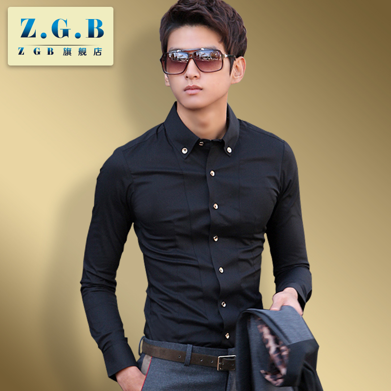ZGB 2015春装新款时尚休闲男士长袖衬衫 韩版修身型男黑色衬衣服