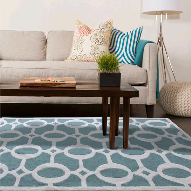 地中海浅蓝色条纹地毯客厅茶几沙发卧室床边手工腈纶地毯满铺定制