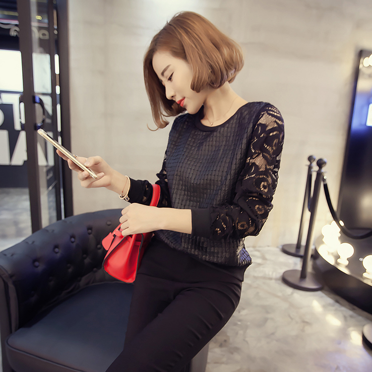 2015韩版长袖蕾丝衫秋季套头显瘦长袖t恤衫圆领套头衫女打底衫潮