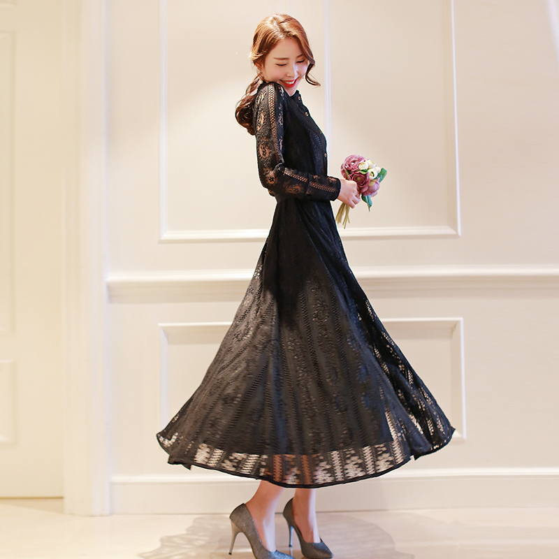 2016春装新款韩版修身长袖镂空蕾丝长款连衣裙波西米亚长裙打底裙