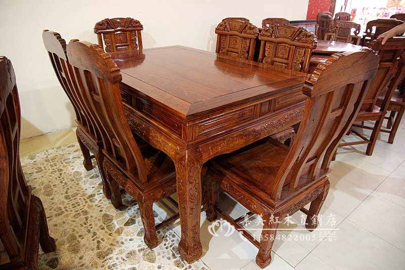 红木家具红木餐桌刺猬紫檀木麒麟餐桌长方形饭桌实木餐桌一桌六椅