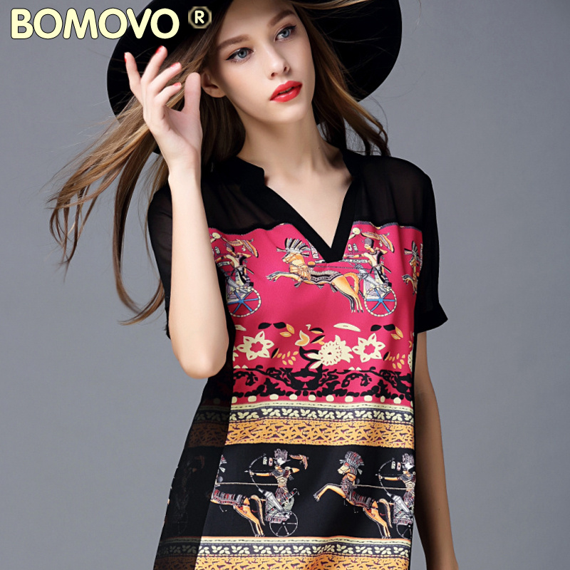 Bomovo2015夏季新款欧美大牌V领复古印花短袖连衣裙夏气质夏装女