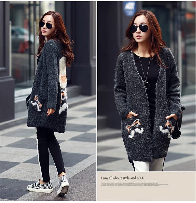 2015冬装新款韩版女中长款羊绒毛衣修身加厚保暖针织开衫打底外套