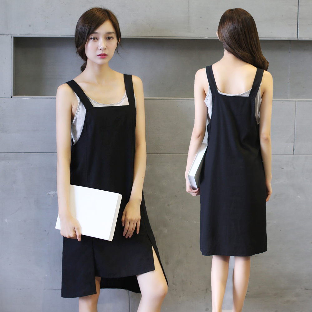 背带裙女2015夏装女装韩版显瘦不规则裙大码黑色吊带连衣裙亚麻裙