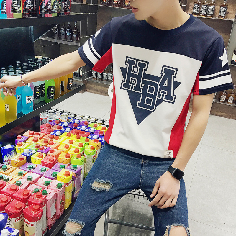 2017夏季新款韩版HBA短袖T恤男士修身圆领撞色打底衫休闲套头TEE