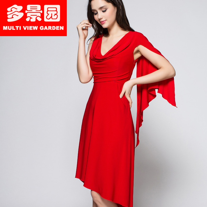 女时尚中国红色深V不规则弹力连衣裙结婚短款派对晚装小礼服定制