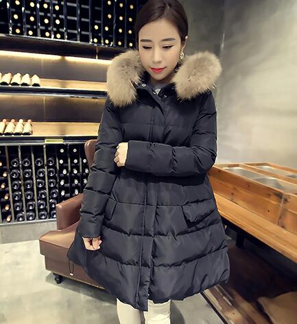 2015冬装新品韩版A字修身显瘦可爱毛领连帽收腰黑色棉服外套