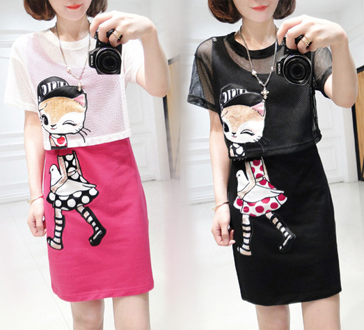 2016夏季女装新款韩版猫咪短袖网纱罩衫连衣裙两件套短袖连衣裙夏