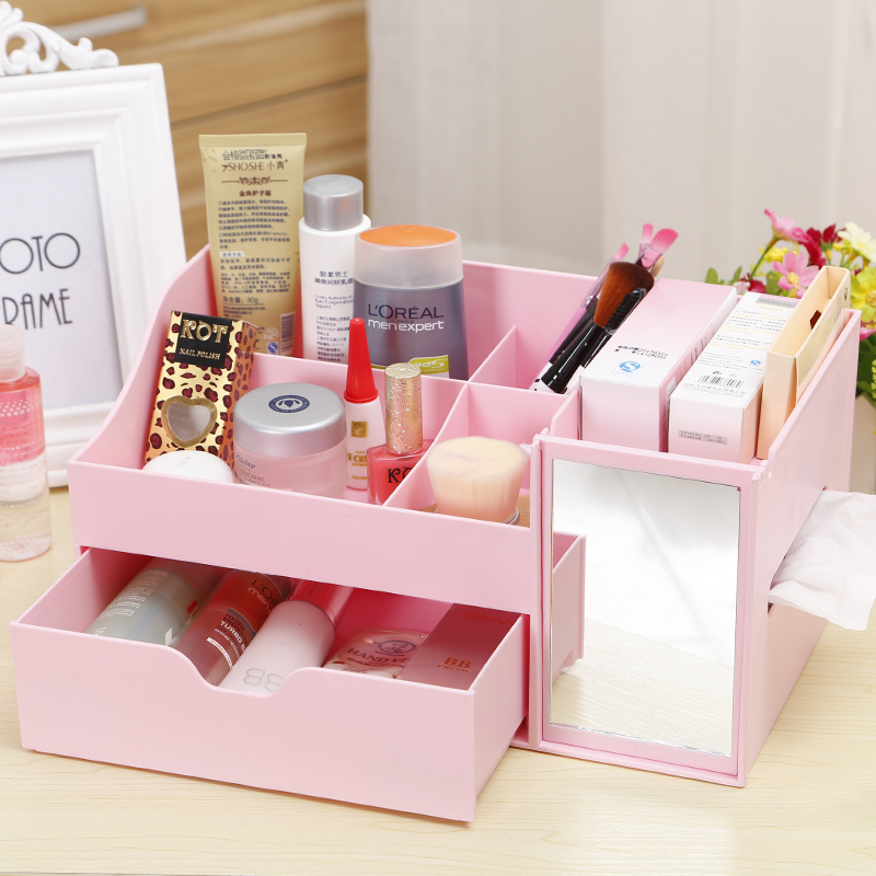 韩国抽屉式化妆品收纳盒带镜创意桌面收纳盒塑料收纳箱包邮
