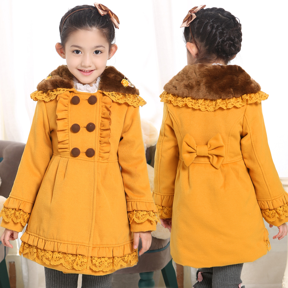 女童大衣2016秋冬季新款韩版蕾丝夹棉加厚风衣外套儿童毛呢大衣