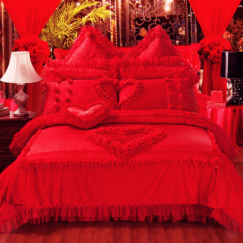 大红全棉婚庆四件套纯棉蕾丝床品六件套八九十件套结婚床上用品