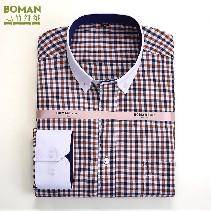 伯曼2015秋装中年男士长袖衬衫高档竹纤维爸爸装休闲免烫格子衬衣