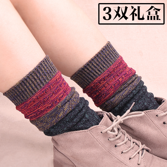 韩国复古女粗线堆堆袜礼盒装日系秋冬中筒袜民族风纯棉袜子短靴袜