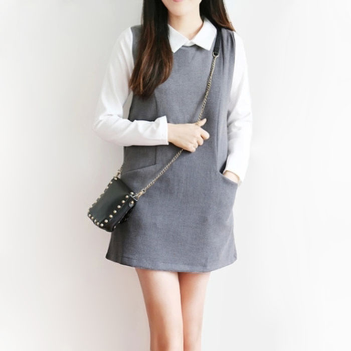 2015秋冬季韩版新款娃娃领长袖连衣裙学院风修身显瘦中长款打底裙
