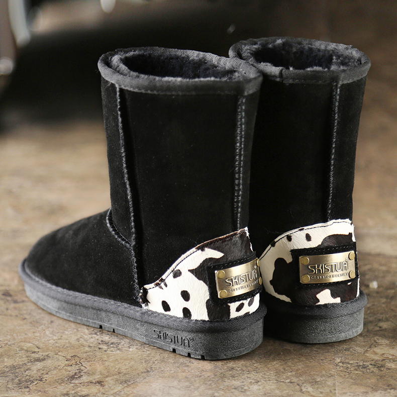 冬季中筒保暖防滑雪地靴 后跟真马毛斑马纹牛皮保暖女靴
