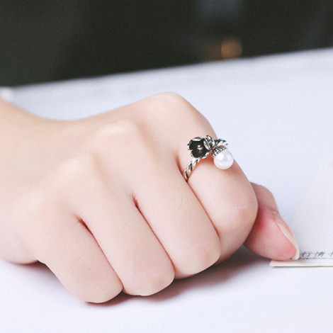 925纯银韩国饰品复古泰银戒指女小麻花纹理编织珍珠开口指环礼物