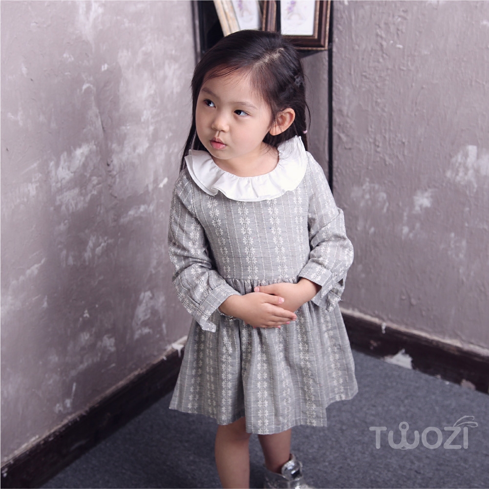 TWOZI 韩版女童新款棉麻长袖连衣裙 绣花公主裙荷叶边裙子娃娃裙