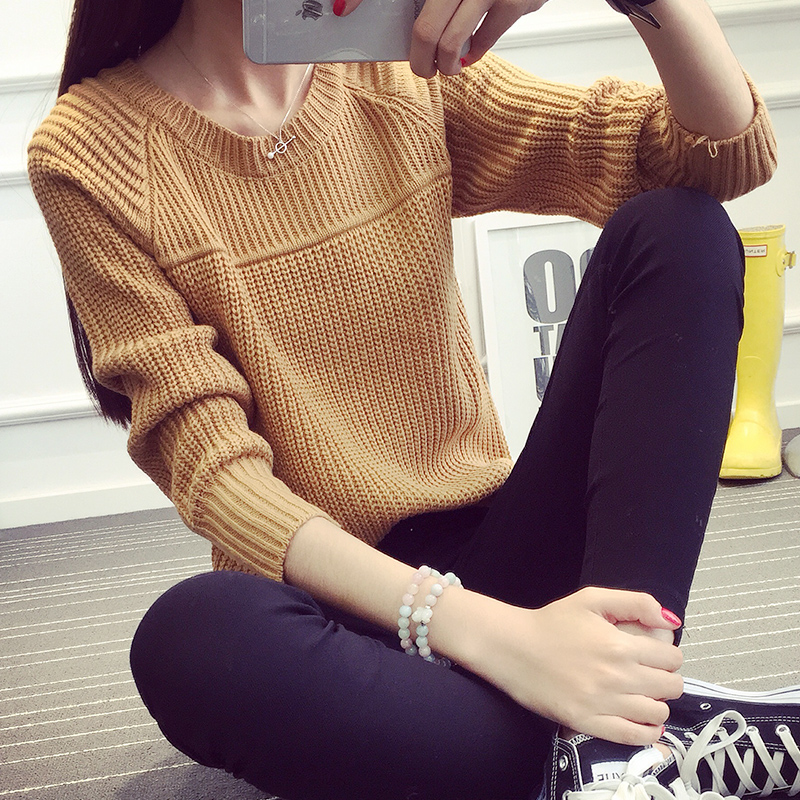 2015时尚韩版秋冬长袖纯色镂空百搭宽松弹力针织衫上衣套头毛衣女