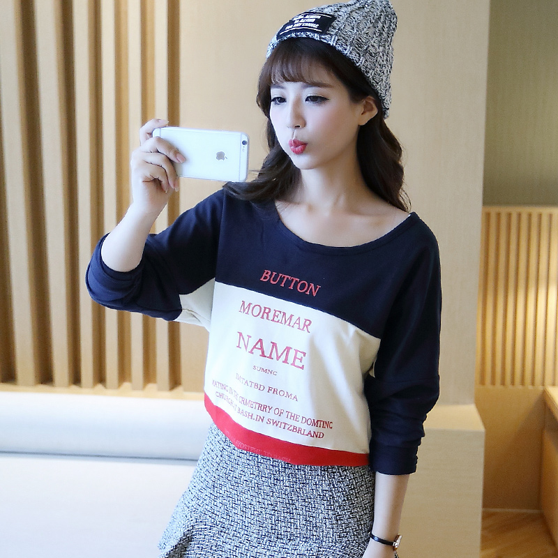 2015韩版女装秋装新款街头潮拼接圆领休闲宽松长袖纯棉T恤女学生