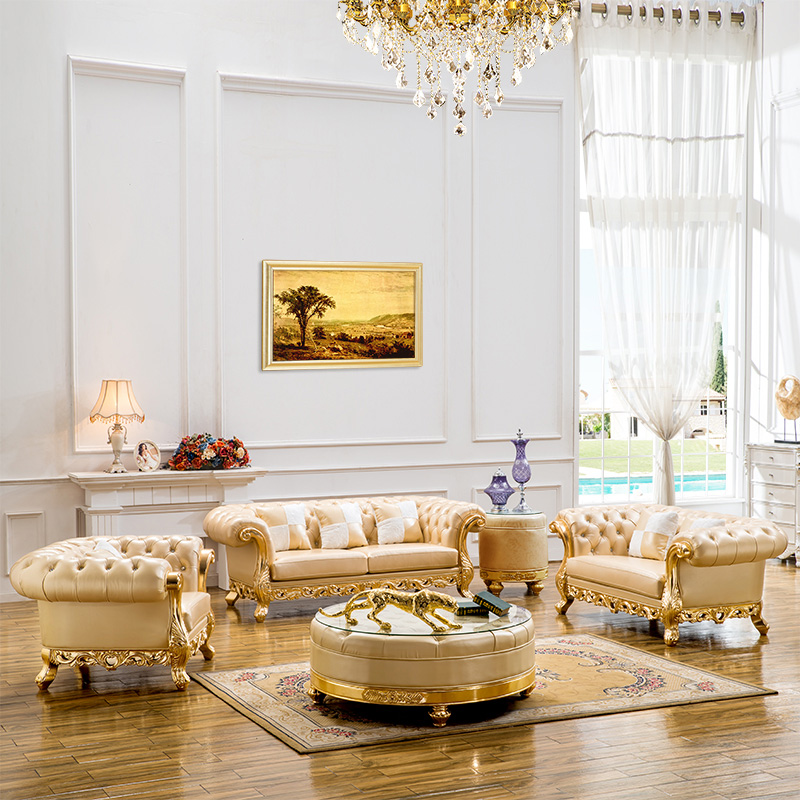 欧式客厅真皮沙发组合 金箔实木雕刻沙发 法式宫廷沙发 皮艺沙发