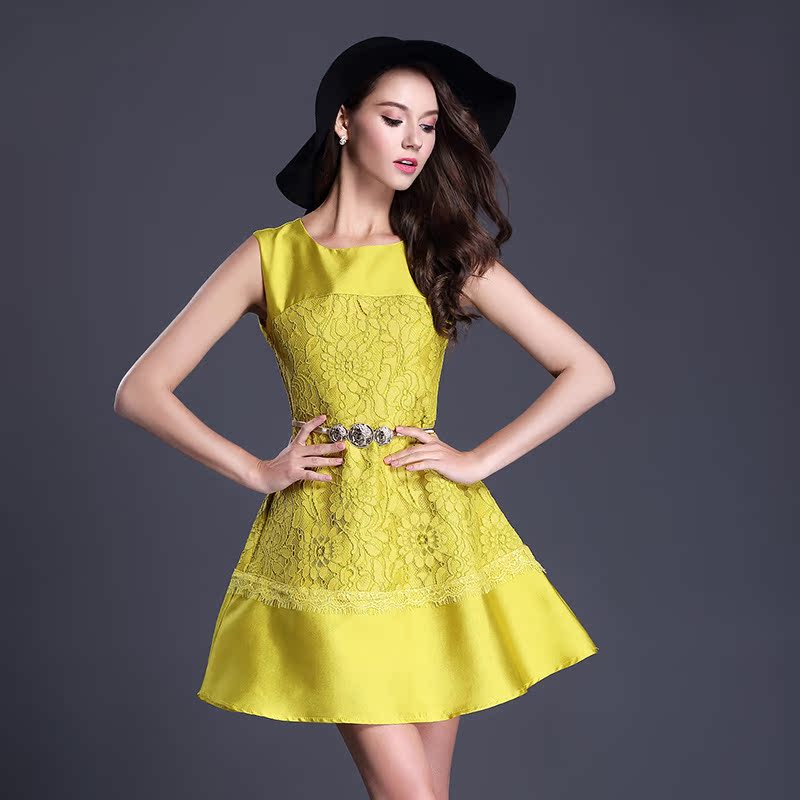 2015夏季新款圆领无袖修身公主大摆蕾丝贴花黑黄色礼服欧美连衣裙
