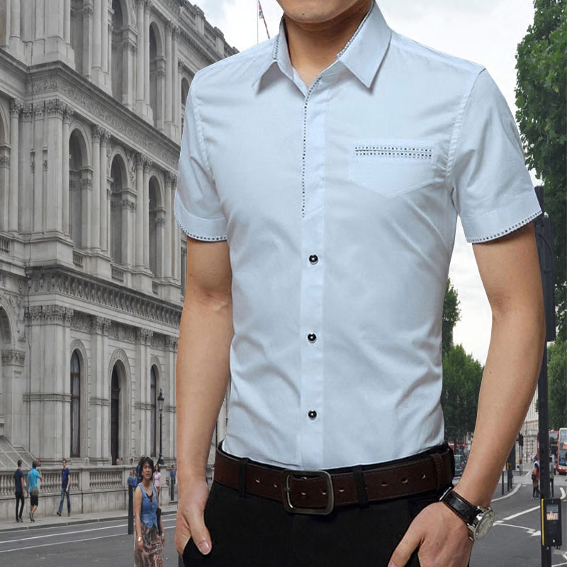 短袖衬衫男修身纯棉翻领商务时尚简约纯色大码白色夏季男青年衬衣