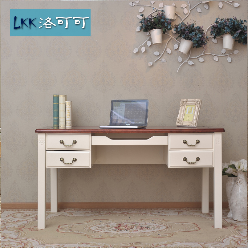 书房家具 地中海实木白色书桌 写字台 书房电脑桌 带抽简约书桌