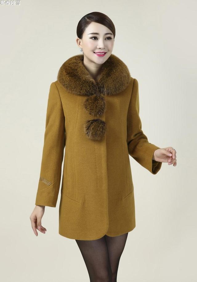 2015秋冬中老年女装高品质羊绒毛呢外套狐狸毛领妈妈装羊毛呢大衣