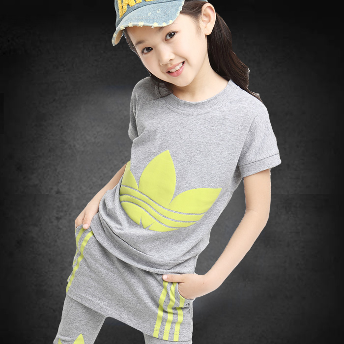 童装2件套秋装2015新款中大童休闲儿童短袖纯棉T恤运动女童套装