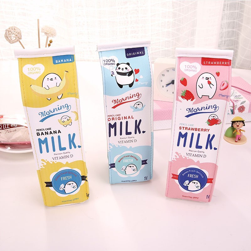 韩国创意卡通可爱牛奶盒长笔袋PU大容量学生文具盒女简约铅笔盒