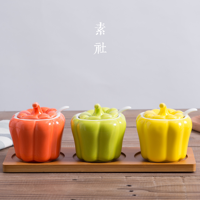 创意陶瓷调味罐青椒调味盒瓶调料罐盒瓶盐罐三件套装厨房用品用具