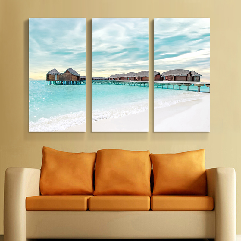客厅画沙发背景墙画地中海装饰画沙滩海景壁画现代挂画无框三联画
