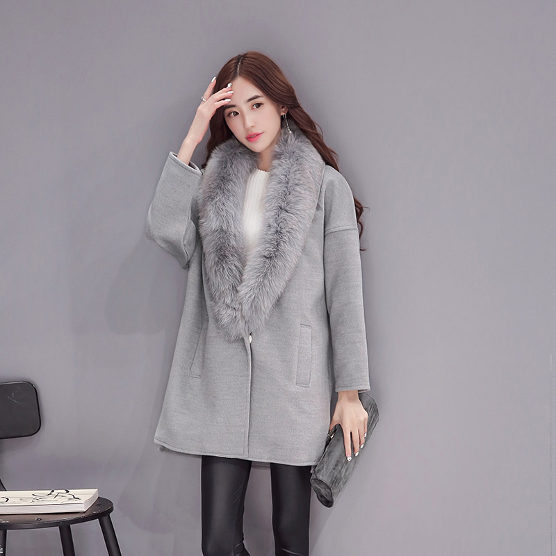 韩国代购2016新款气质外套带毛领纯色中长款加厚呢子大衣女半开领