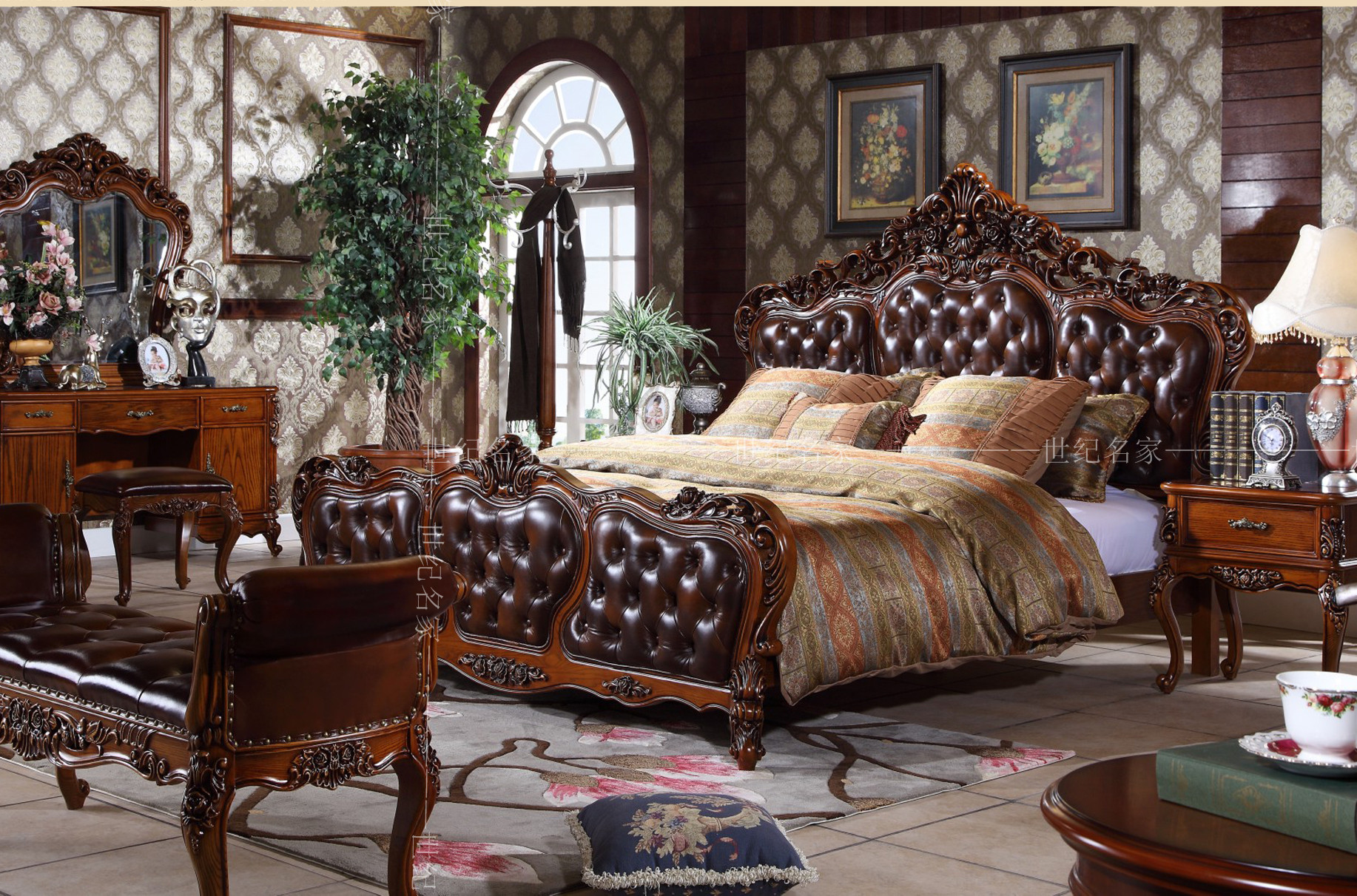 新品欧式双人床 新古典实木床美式雕花真皮床卧室家具皮艺床热卖
